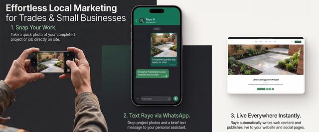 Banner titled "Effortless Local Marketing for Trades & Small Businesses" showing a three-step process: snapping a photo of a garden patio project, sending it to Raye via WhatsApp, and publishing automated content live to a website and social pages.