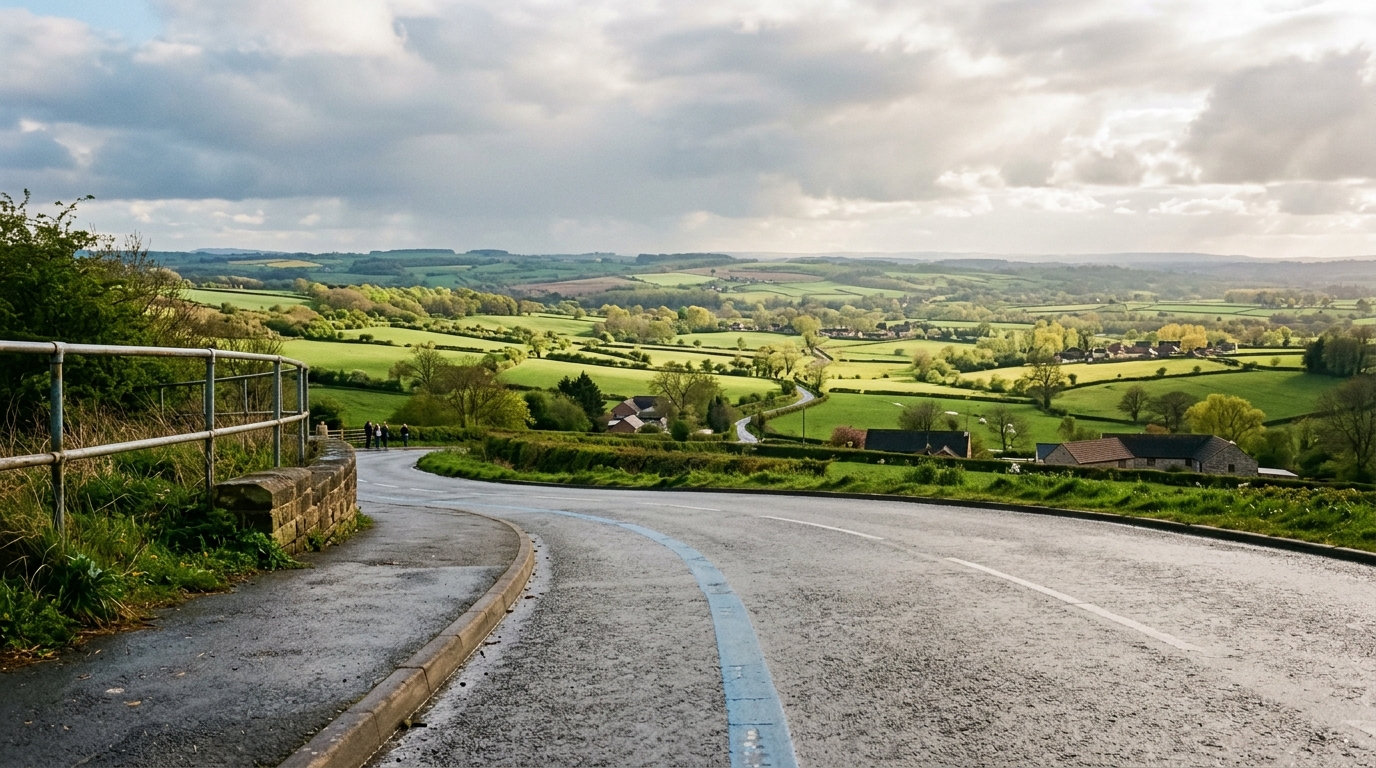 Springtime panoramic view of the rolling Erewash Valley landscape from the Walker Street viewpoint in Eastwood.