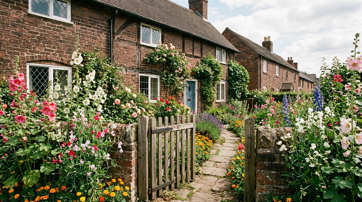 Lush late summer cottage gardens and historic brick houses at The Breach in Eastwood in August.