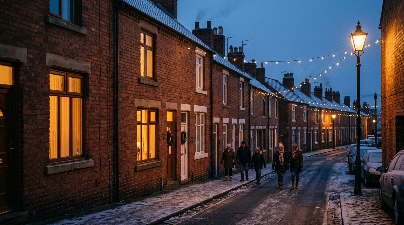 Victoria Street in Eastwood illuminated at winter twilight with warm window glow and festive lights in December.