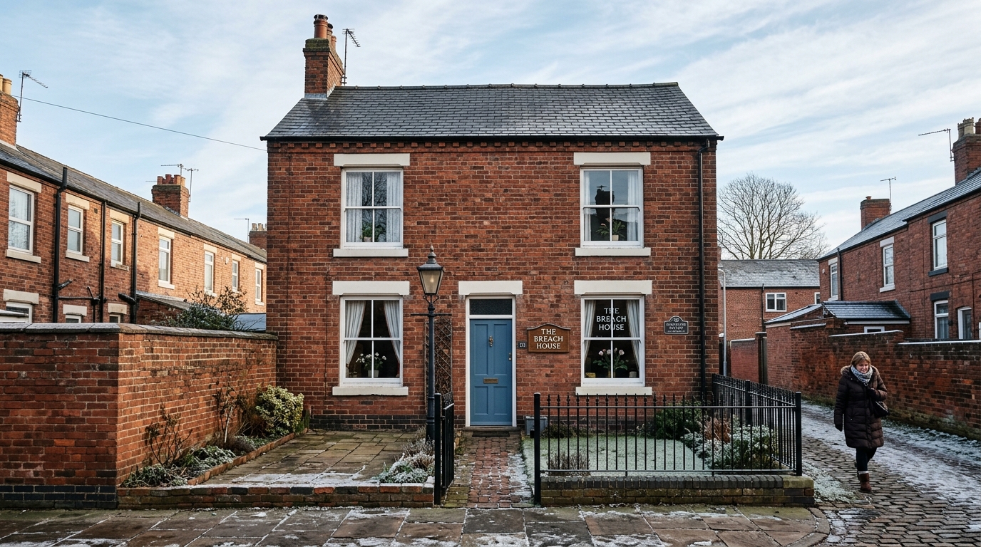 Historic brick exterior of The Breach House in Eastwood Nottinghamshire on a cold sunny February afternoon.