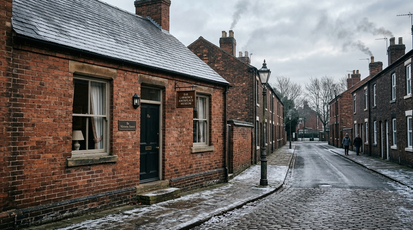 Frost-dusted red brick Victorian cottage of the D.H. Lawrence Birthplace Museum on Victoria Street in Eastwood in January.