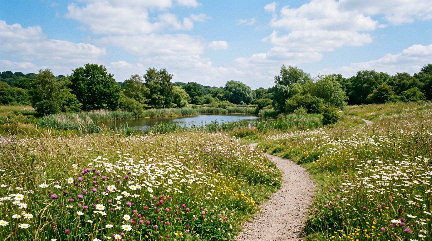 Blooming summer wildflower meadow and walking path at Colliers Wood Nature Reserve in Eastwood during July.