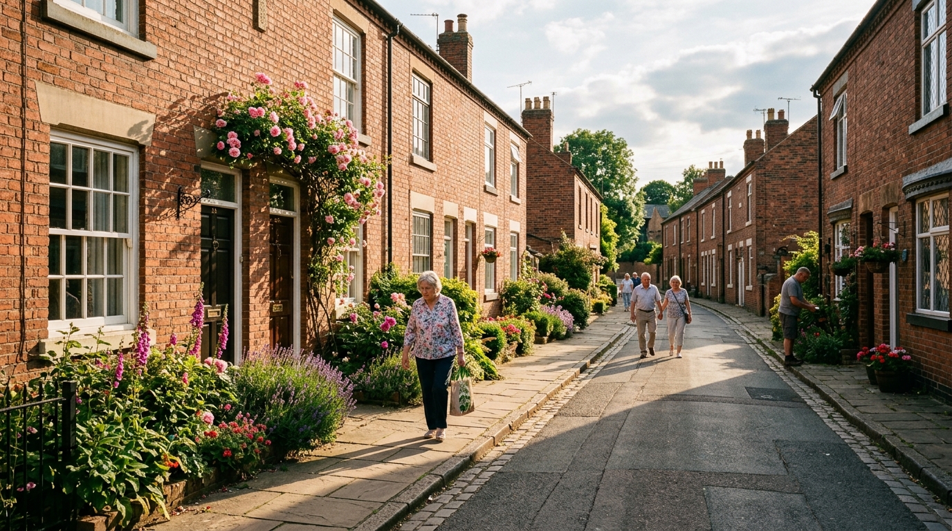 Victorian terraced cottages on Victoria Street in Eastwood with blooming summer garden roses in evening June sunlight.