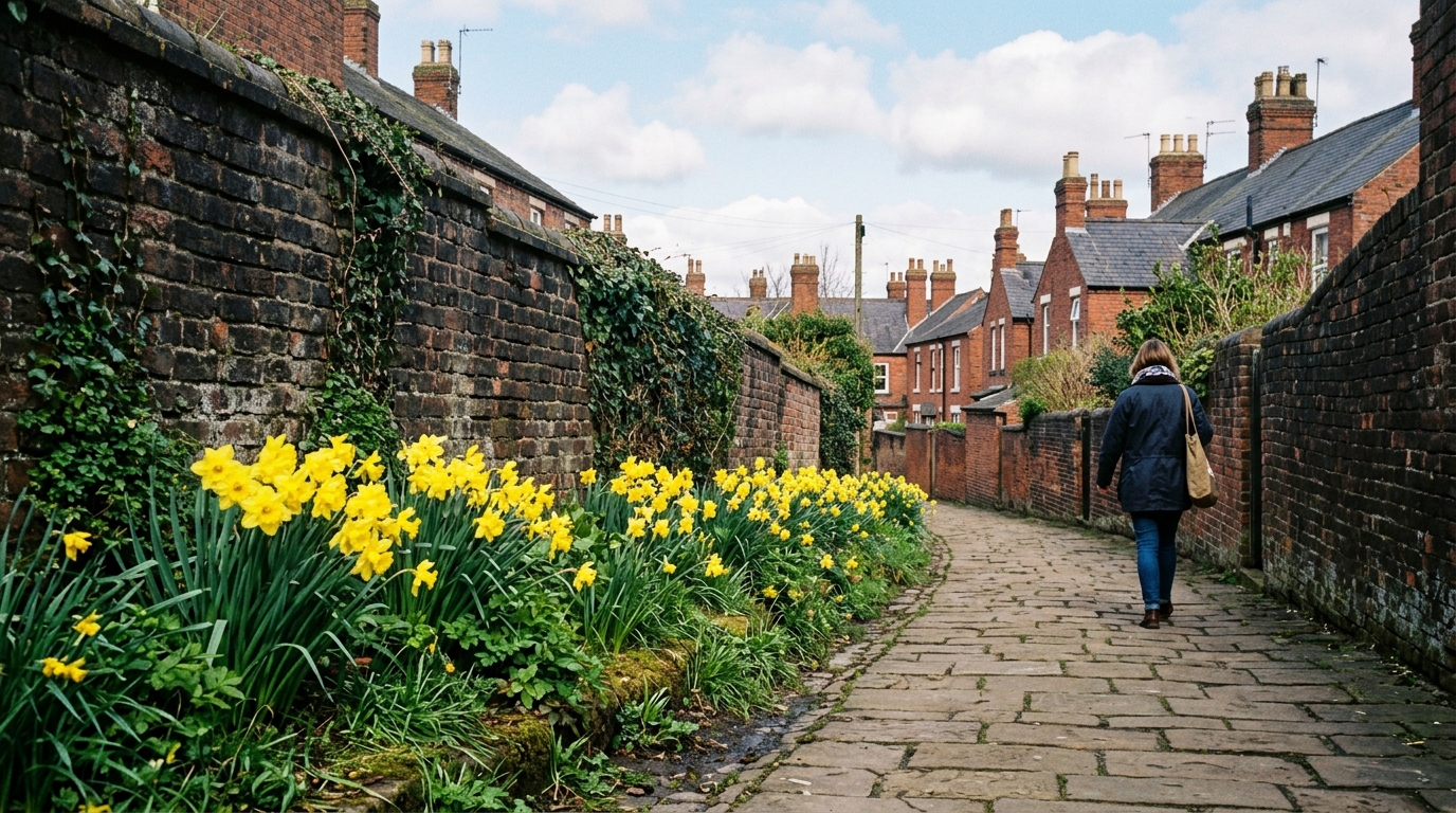 Yellow daffodils blooming beside historic brick walls along a quiet walking path in Eastwood during early March.