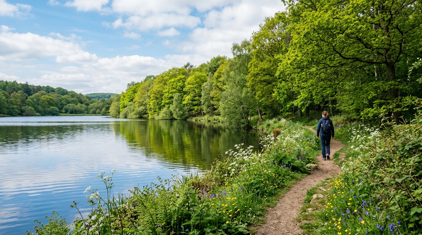 Tranquil waters of Moorgreen Reservoir near Eastwood bordered by lush green beech trees during late May.