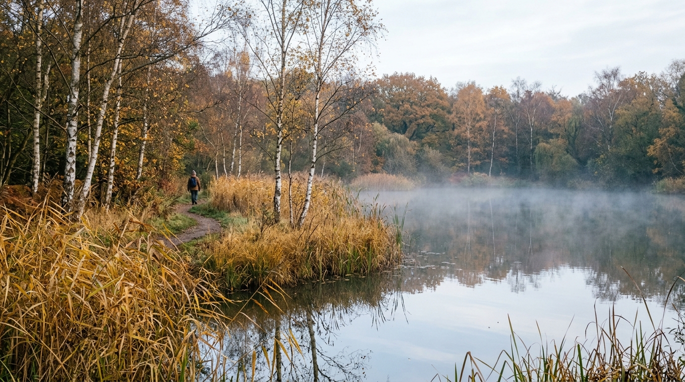 Morning autumn mist hanging over the pond and reeds at Colliers Wood Nature Reserve in Eastwood.