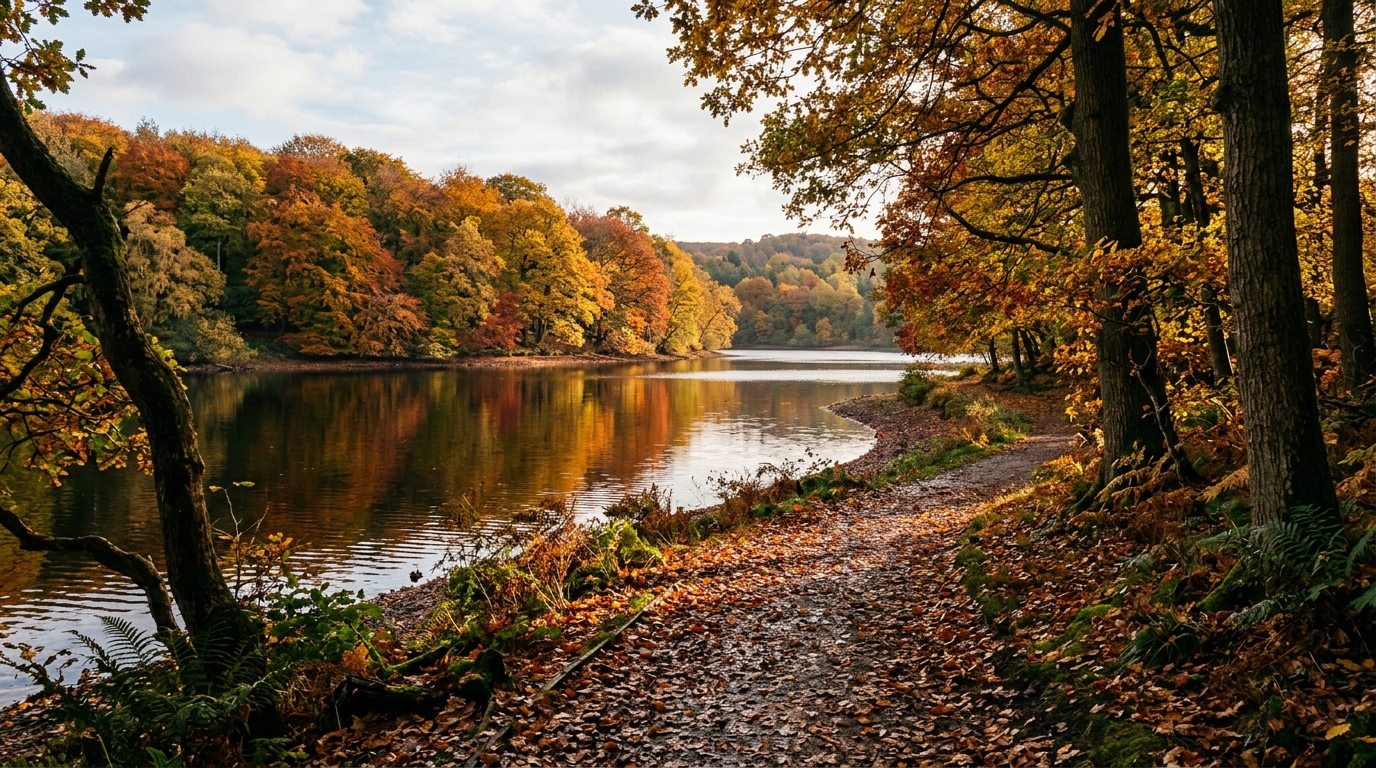 Golden amber autumn woodland foliage reflecting on Moorgreen Reservoir near Eastwood on a sunny October afternoon.