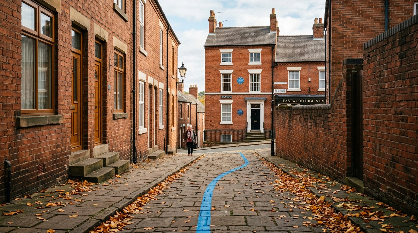 Painted Blue Line heritage walking trail on an Eastwood street lined with early autumn leaves in September.