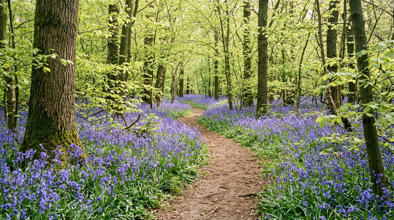 Swathes of vibrant bluebells carpeting the ancient woodland floor at Blake's Wood in Danbury, Essex.