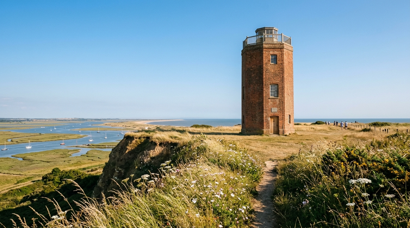 Historic brick Naze Tower standing on the coastal cliff-top greensward at Walton-on-the-Naze, Essex.