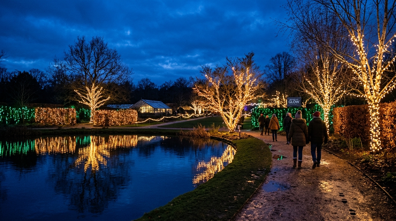 Festive light trail illuminating winter trees and water reflections at RHS Garden Hyde Hall near Chelmsford, Essex.