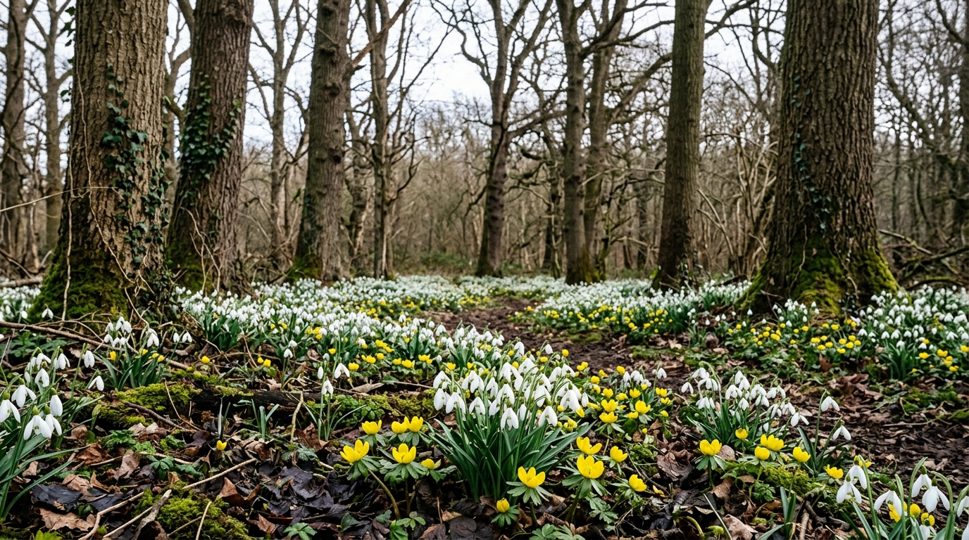 Dense carpet of naturalised white snowdrops flowering across woodland at Marks Hall Estate near Coggeshall, Essex.
