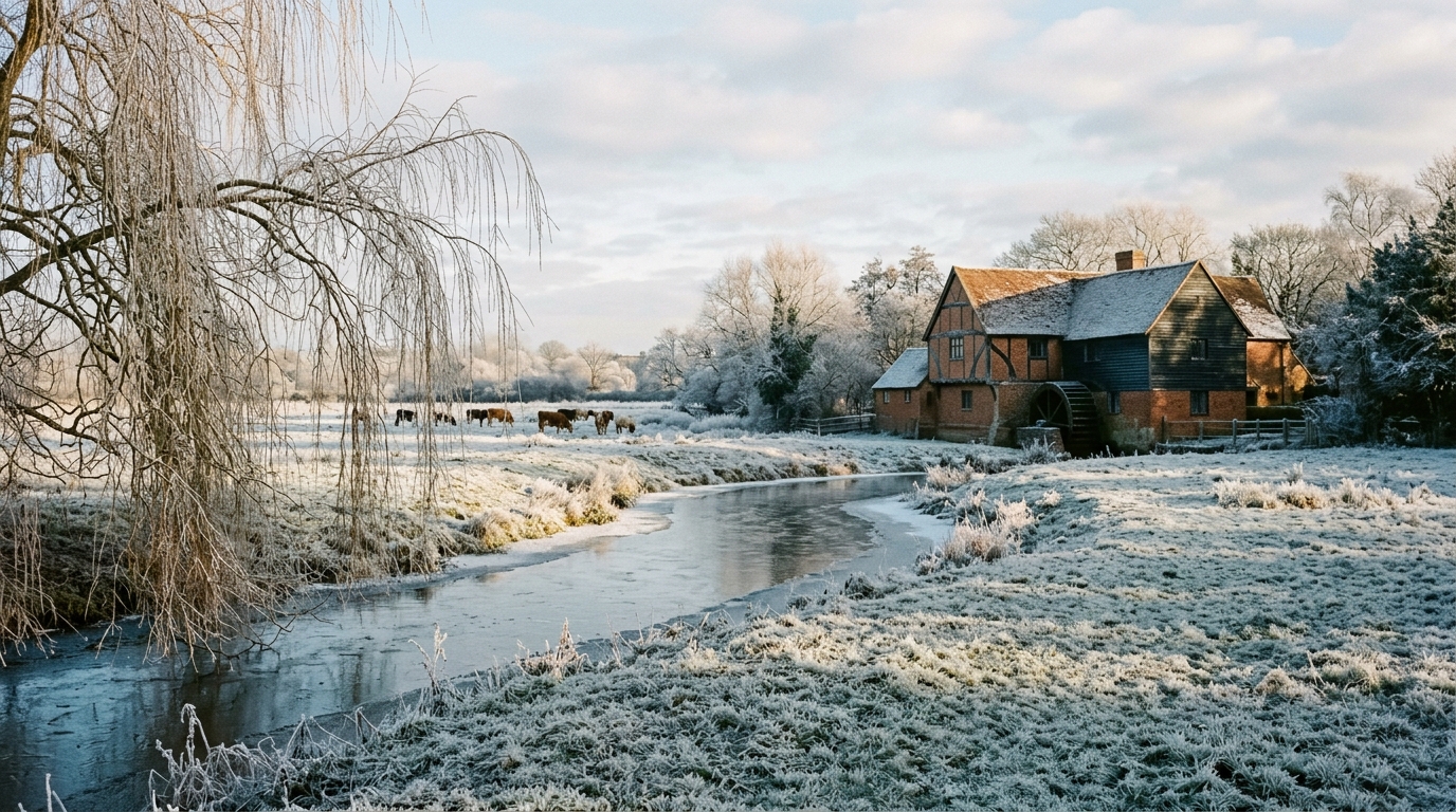 Frost-covered Stour water meadows and weeping willows beside historic Flatford Mill in Dedham Vale, Essex.