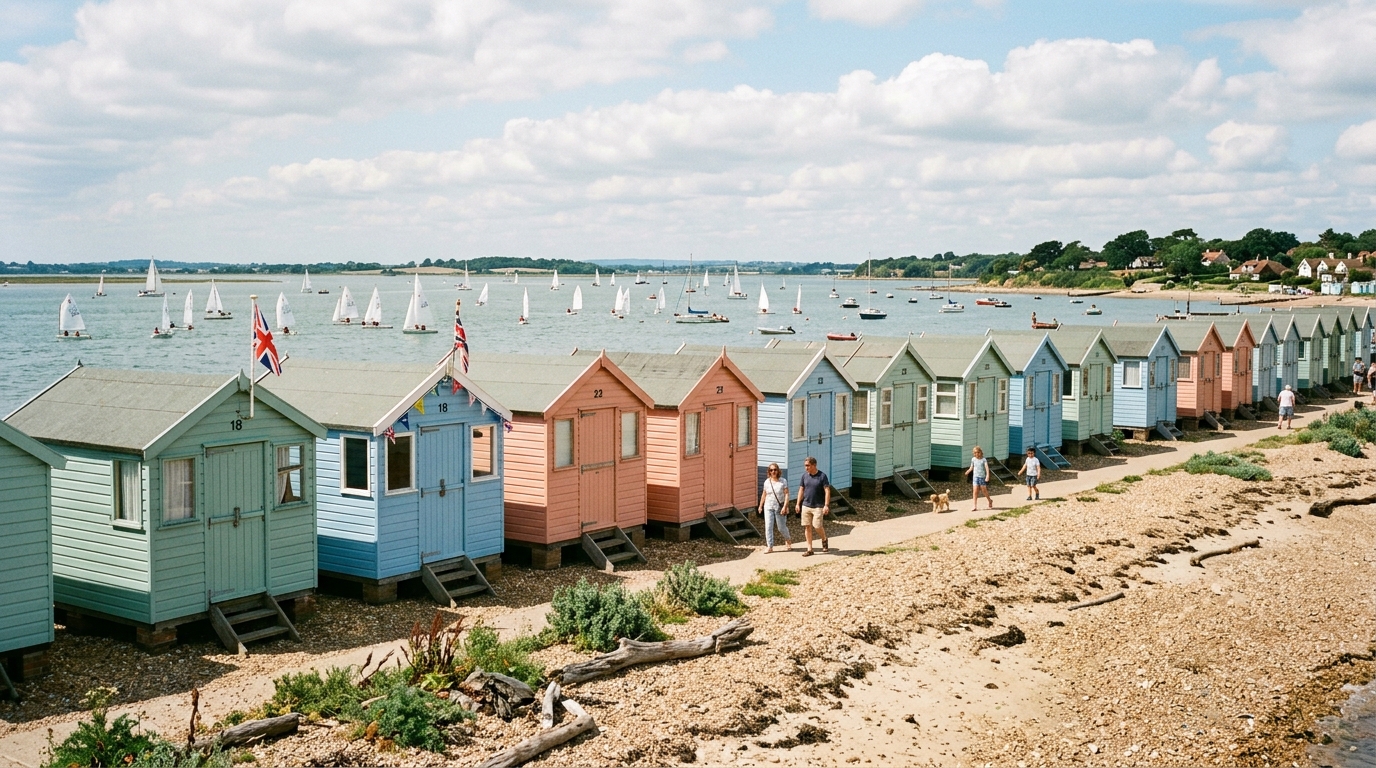 Row of pastel-painted wooden beach huts along the shingle shoreline at West Mersea, Essex, in July.