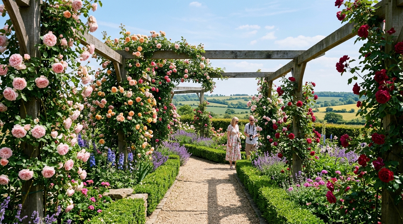 Blooming David Austin climbing roses and vibrant perennials at RHS Garden Hyde Hall near Chelmsford, Essex.