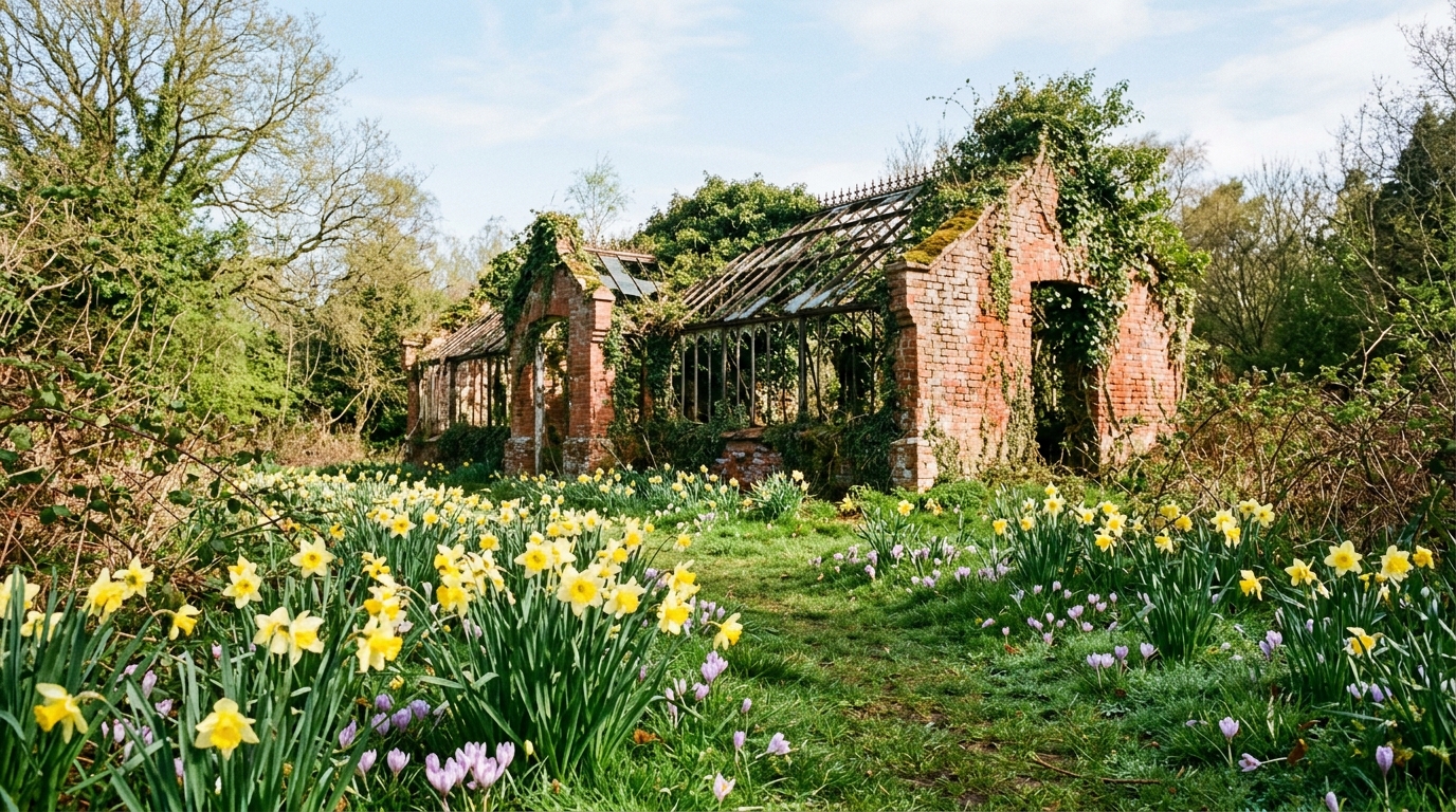 Golden spring daffodils blooming among the mossy brick ruins of Warley Place Nature Reserve in Brentwood, Essex.