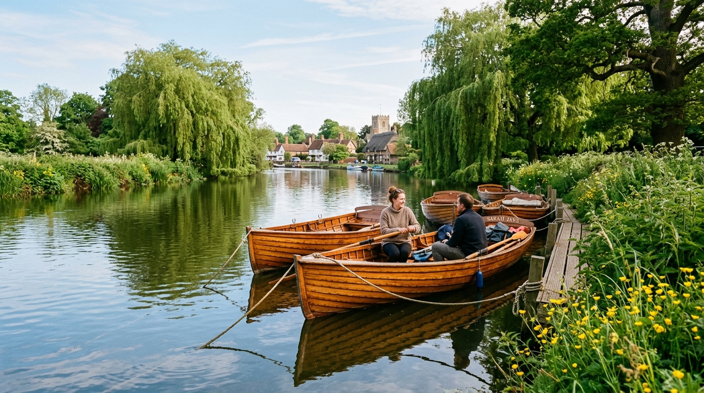 Traditional wooden rowing boats moored along the buttercup meadows of River Stour in Dedham Vale, Essex.