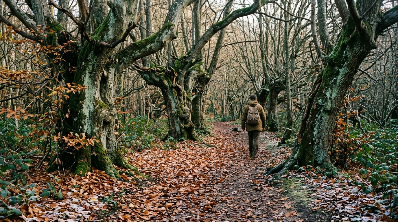 Gnarled ancient hornbeam trees surrounded by fallen russet leaves on an autumn trail in Epping Forest, Essex.