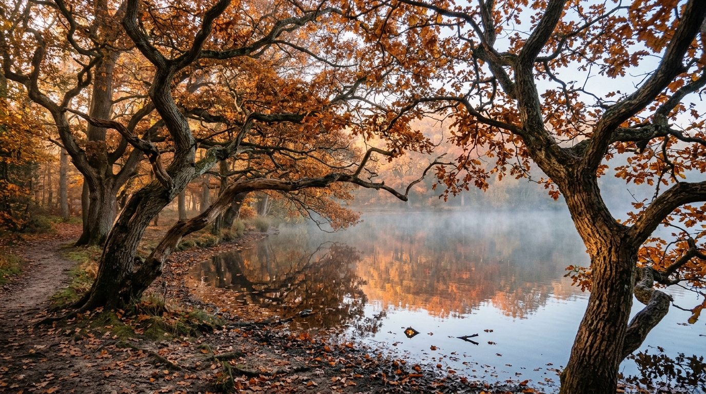 Ancient pollarded oak trees displaying vibrant golden autumn foliage beside the lake at Hatfield Forest, Essex.