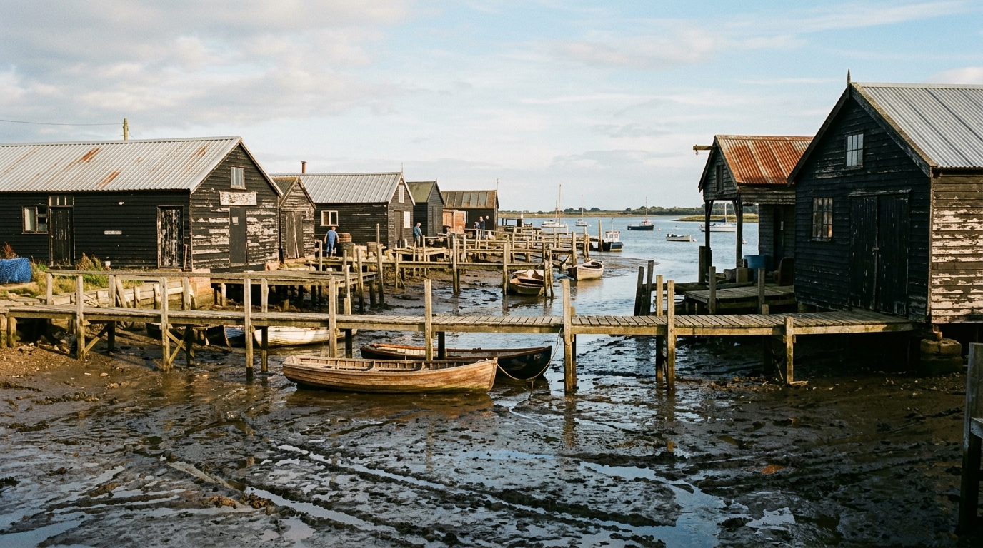 Rustic timber seafood shacks and fishing boats along the tidal Blackwater Estuary at West Mersea, Essex.