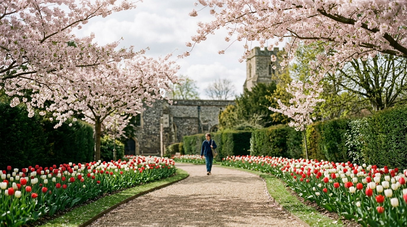 Pink cherry blossom trees and spring tulips framing the pathways of Priory Park formal gardens in Prittlewell in April.
