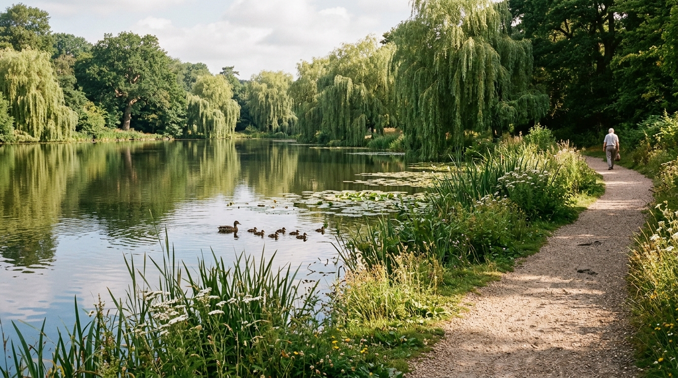 Weeping willow trees reflecting in the calm waters of the Priory Park wildlife lake in Prittlewell in August.