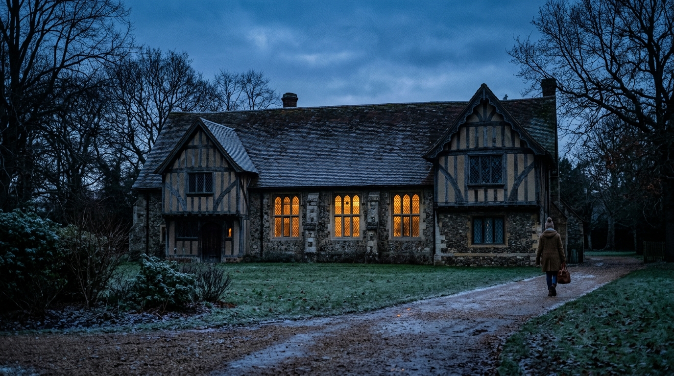 Warm lantern light glowing through the medieval leaded windows of Prittlewell Priory in Prittlewell on a cold December twilight.