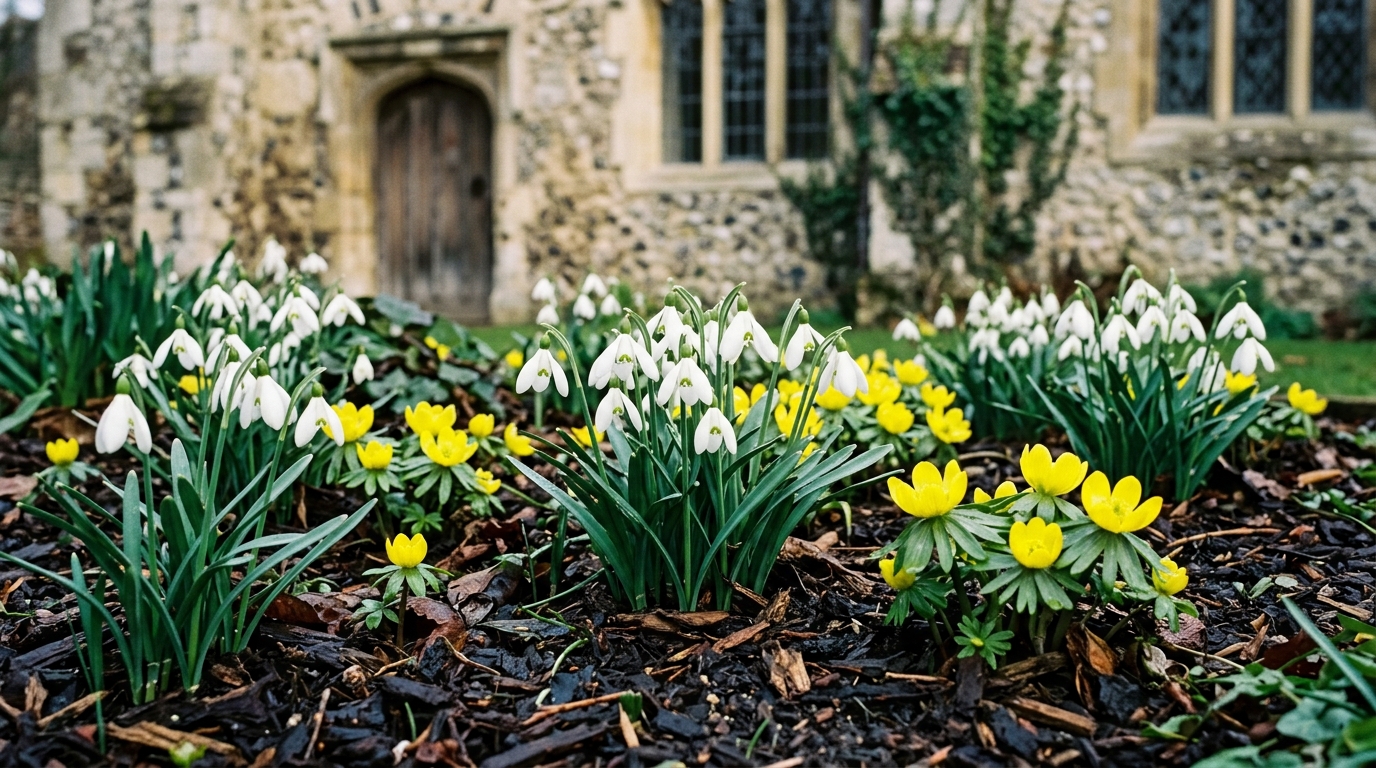 Clusters of white snowdrops blooming along the historic stone walls of Prittlewell Priory in Prittlewell during late February.