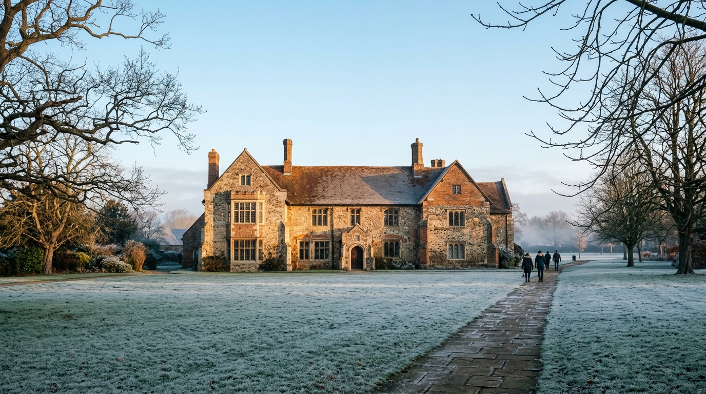 Frost-covered lawn before the historic medieval Prittlewell Priory building in Priory Park, Prittlewell on a crisp winter morning.