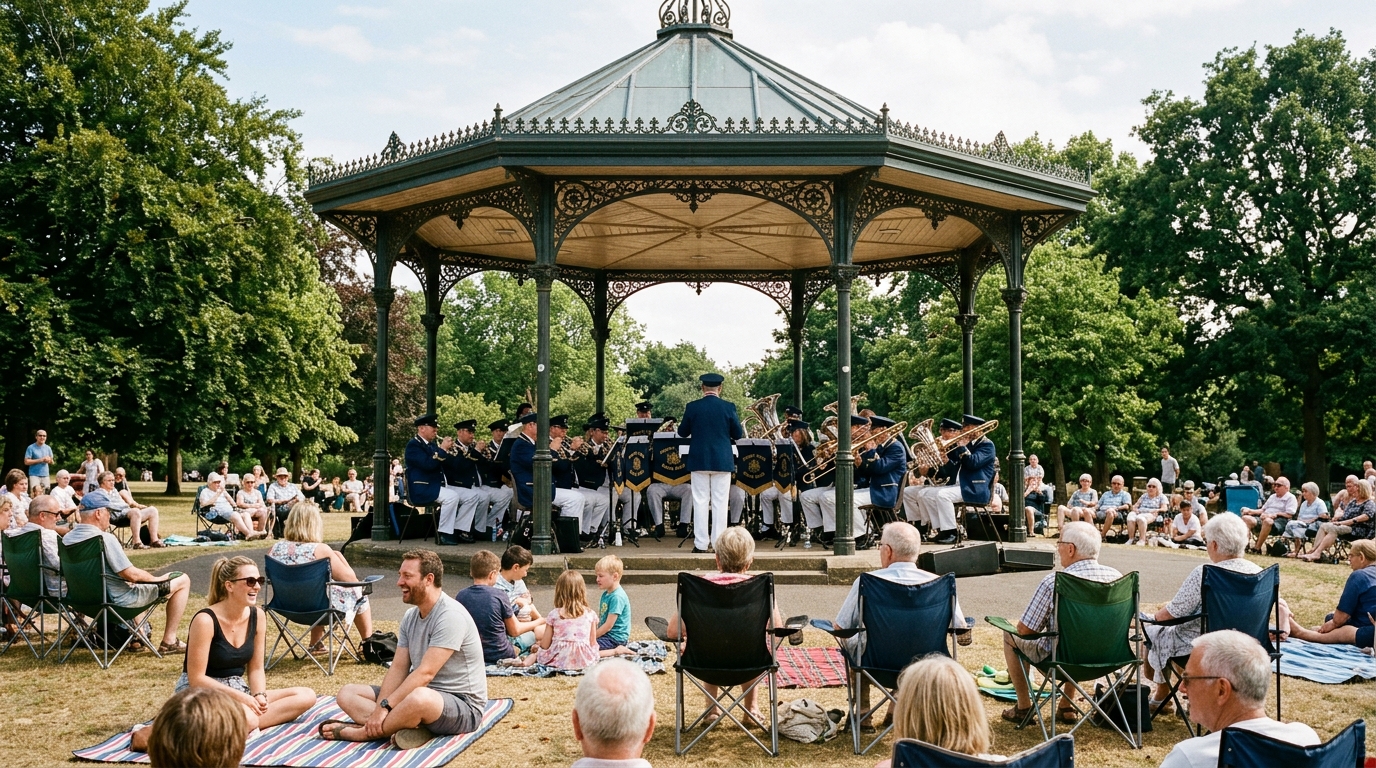 A live brass band performing inside the ornate Priory Park bandstand for summer crowds in Prittlewell during July.