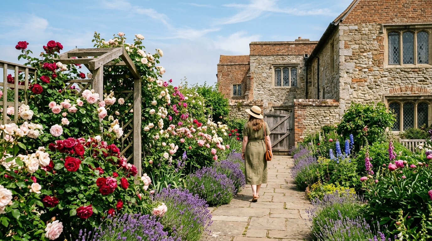 Heritage rose garden in full summer bloom before the medieval stone walls of Prittlewell Priory in Prittlewell in June.