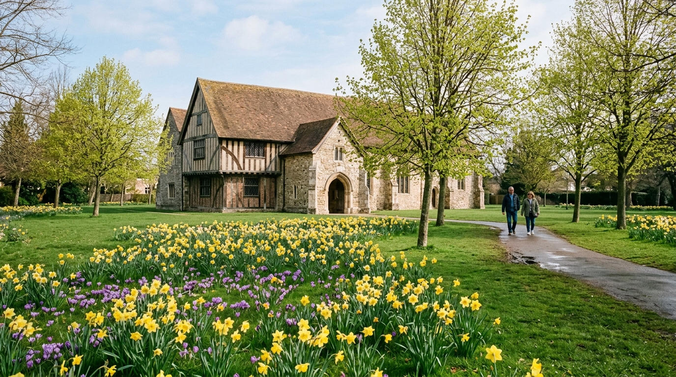 Vibrant yellow daffodils and purple crocuses blooming across Priory Park with Prittlewell Priory in Prittlewell during early spring.