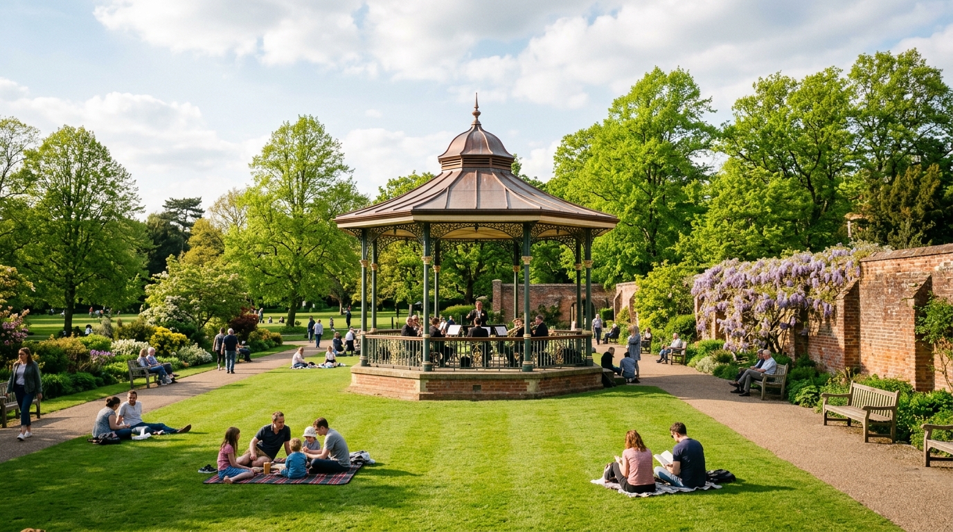 The historic Victorian bandstand surrounded by lush green lawns and springtime trees in Priory Park, Prittlewell during sunny May.