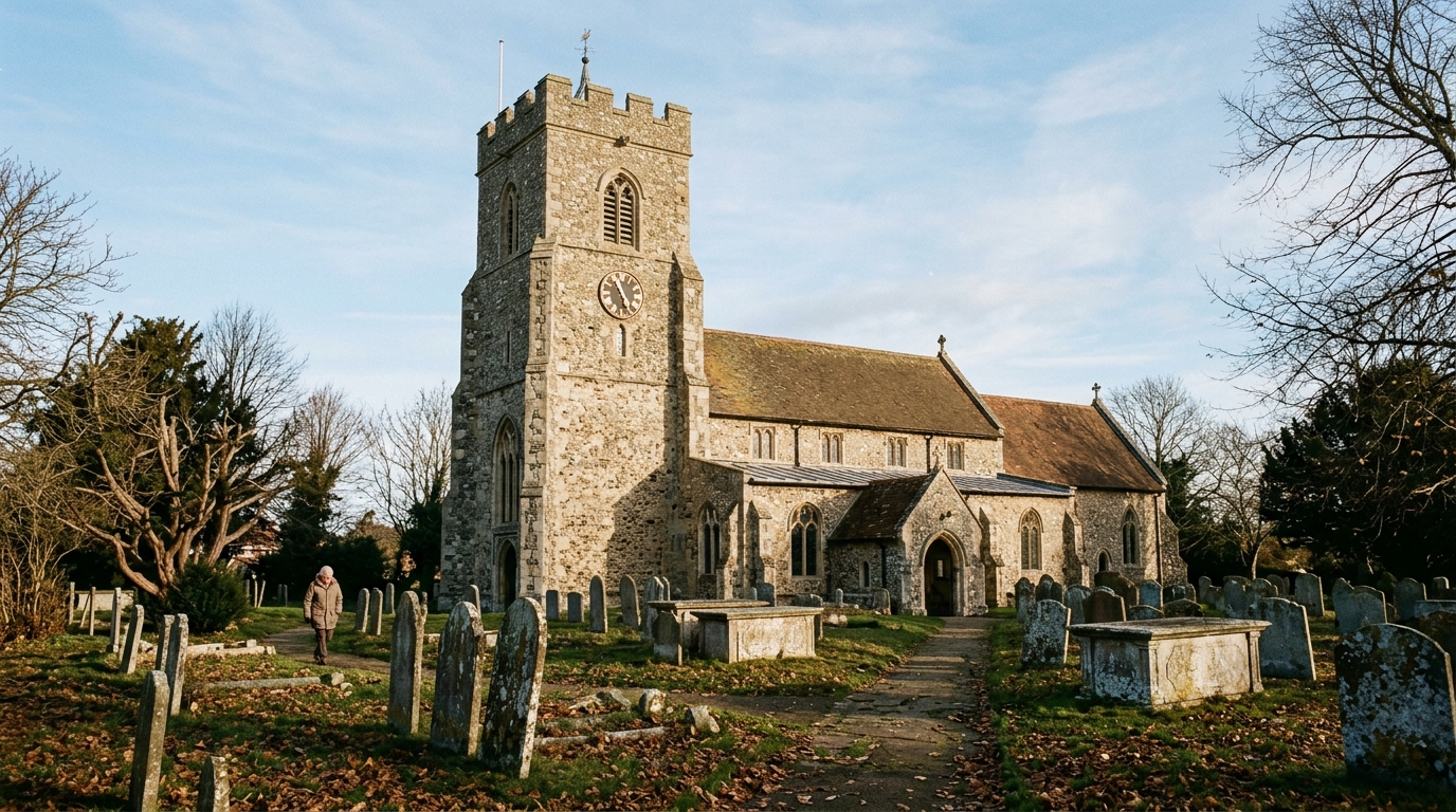 The historic fifteenth-century stone tower of St Mary the Virgin Church rising above autumn trees in Prittlewell in November.