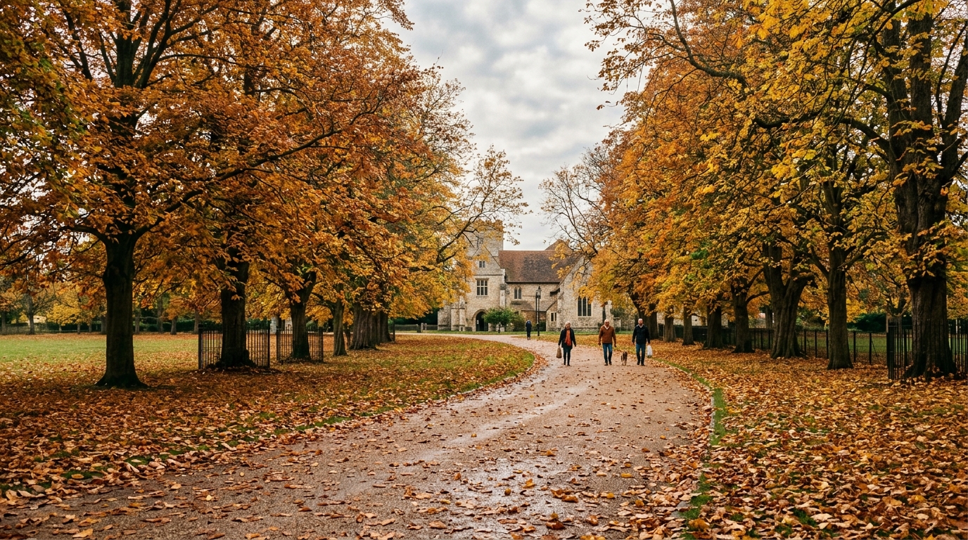 Golden and russet autumn foliage covering the ground and trees across Priory Park in Prittlewell during mid-October.