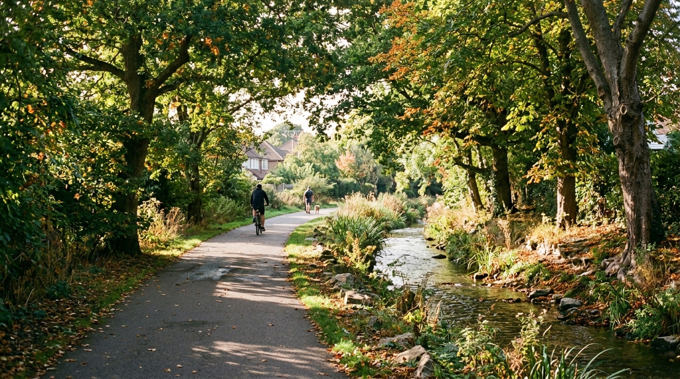 Sunlit pathway along the Prittle Brook Greenway lined with early turning autumn foliage in Prittlewell in September.
