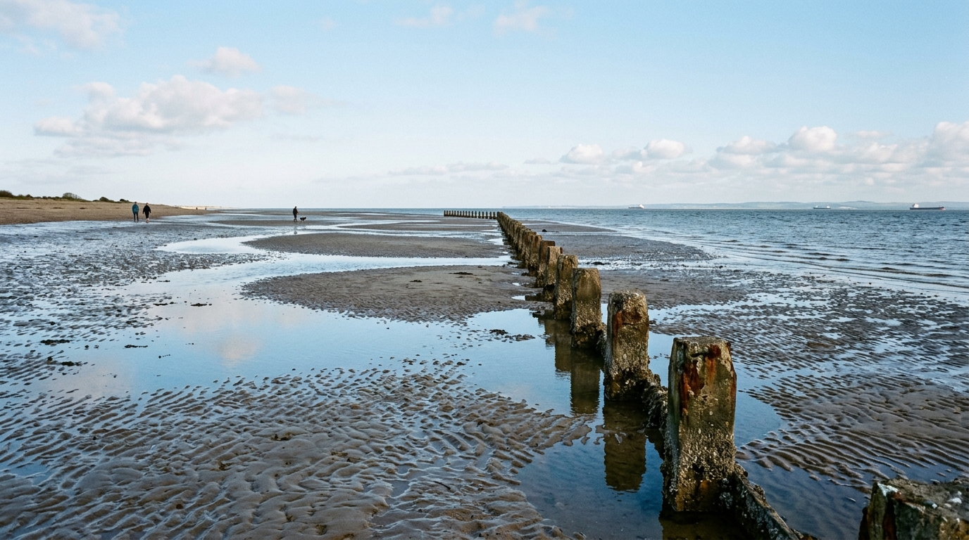 Shoebury East Beach low tide revealing historic coastal defense boom structures under bright April spring skies.