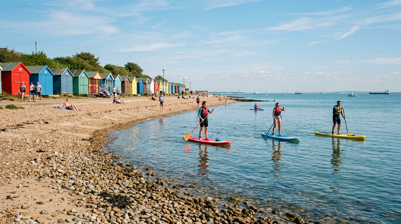Paddleboarders navigating calm estuary waters alongside colourful beach huts at Shoebury Common Beach in late August sunshine.