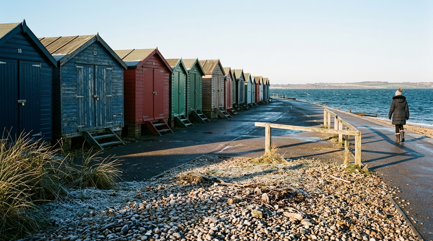 Row of pastel beach huts along Shoebury Common promenade in low December winter afternoon sunlight in Shoeburyness.