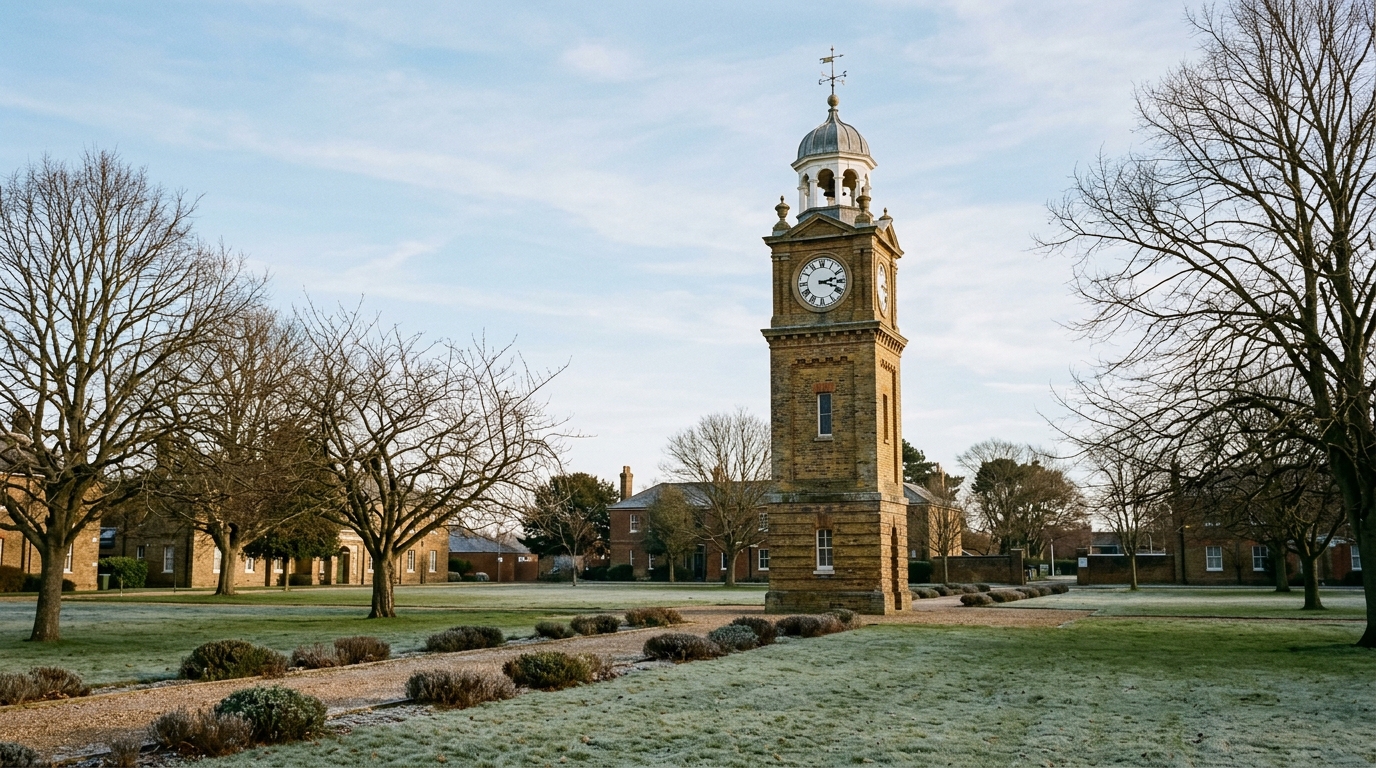 Historic Victorian Clock Tower and brick barracks across Shoebury Garrison parade ground in crisp February winter light.