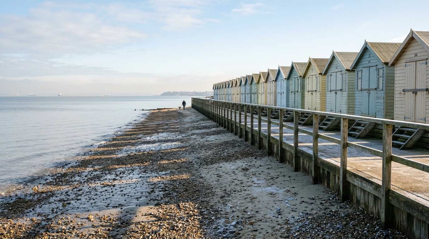 Pastel beach huts along Shoebury Common promenade under crisp January morning light in Shoeburyness Essex.