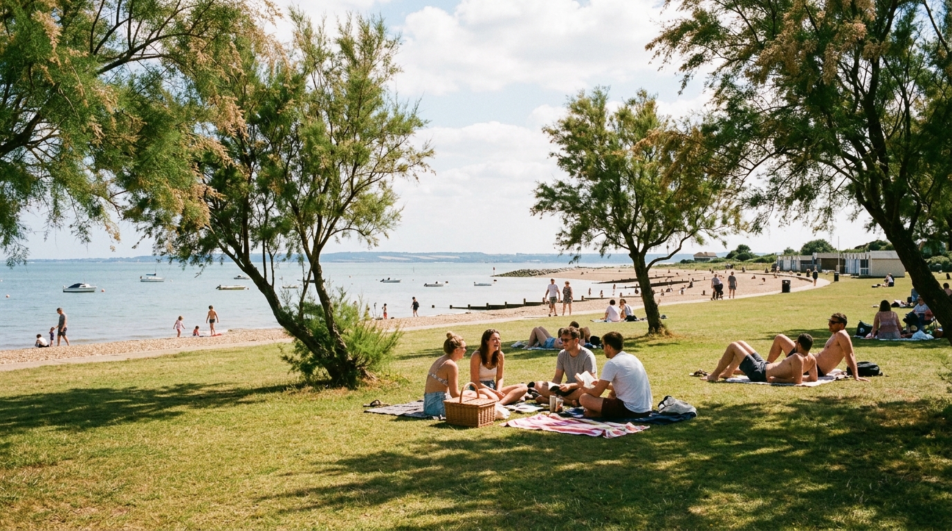 Expansive grassy lawns and sunlit sandy shores of Shoebury East Beach on a warm July summer afternoon.