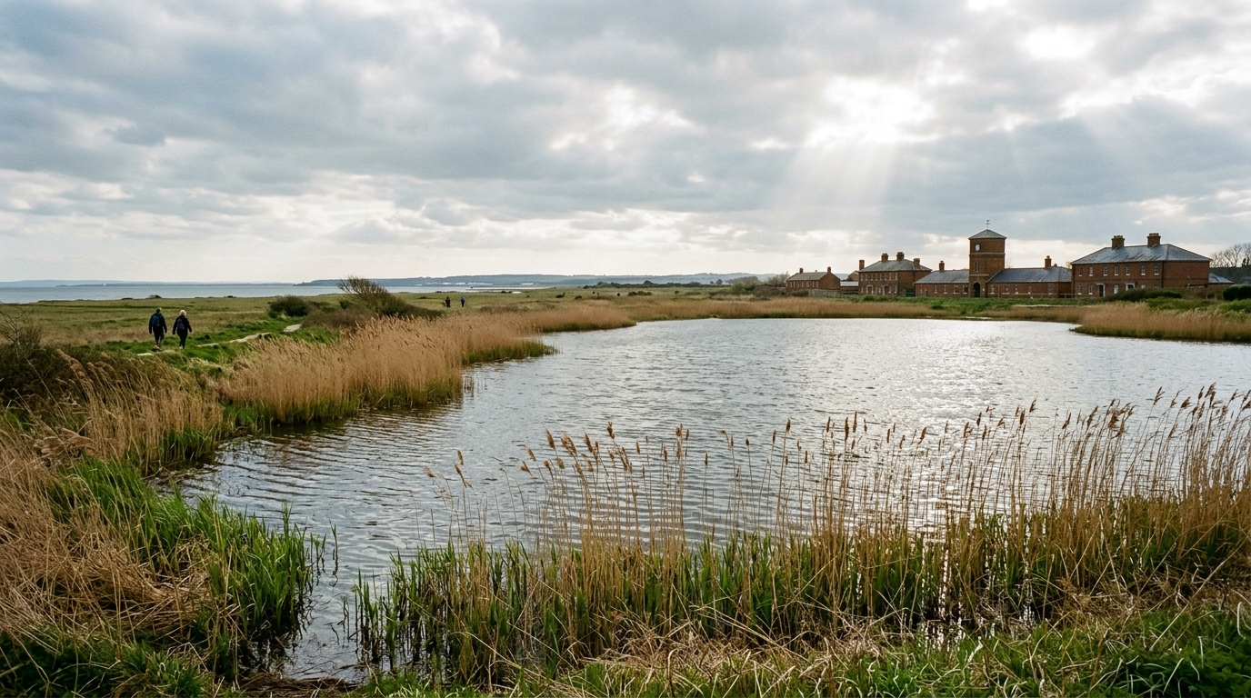 Freshwater lake and swaying reedbeds at Gunners Park Nature Reserve under bright March early spring skies in Shoeburyness.