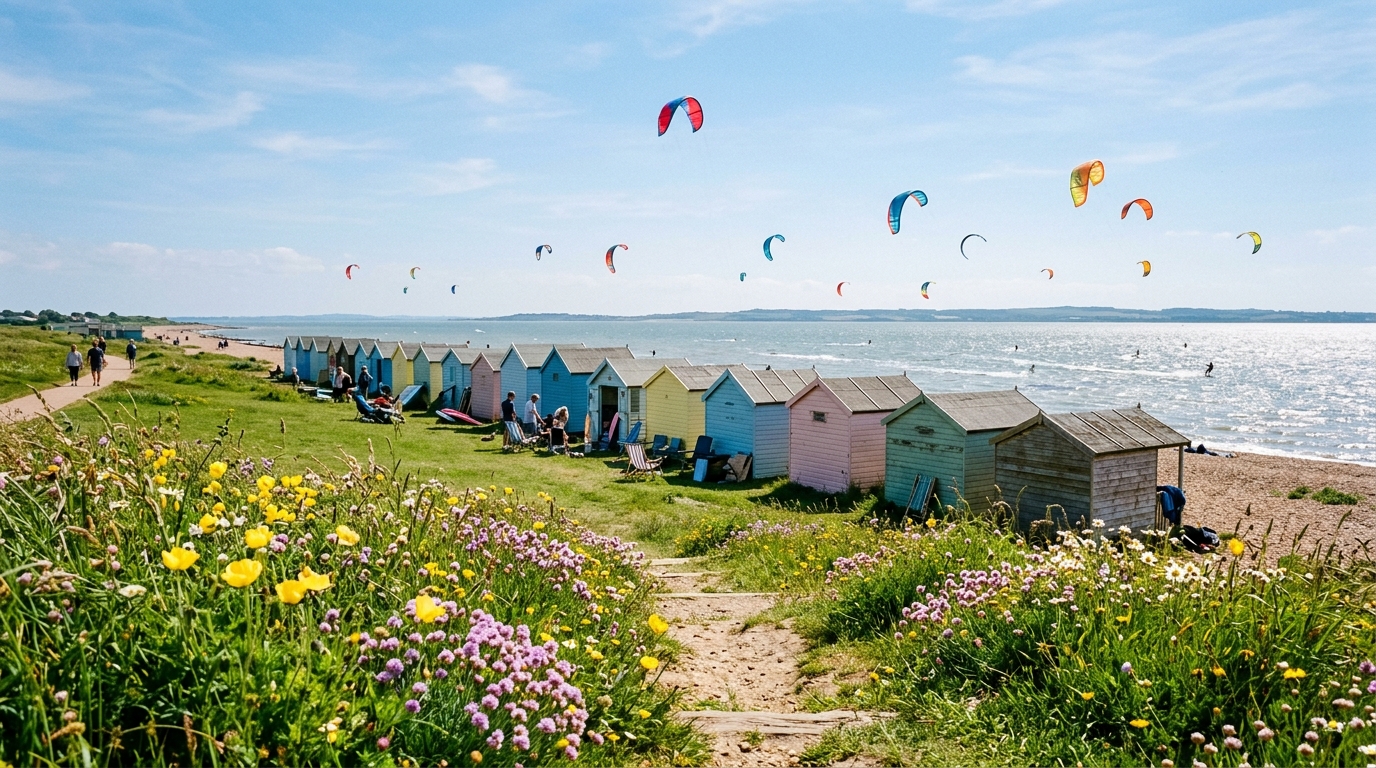 Kitesurfers gliding over the Thames Estuary off the grassy shores of Shoebury East Beach in sunny May.