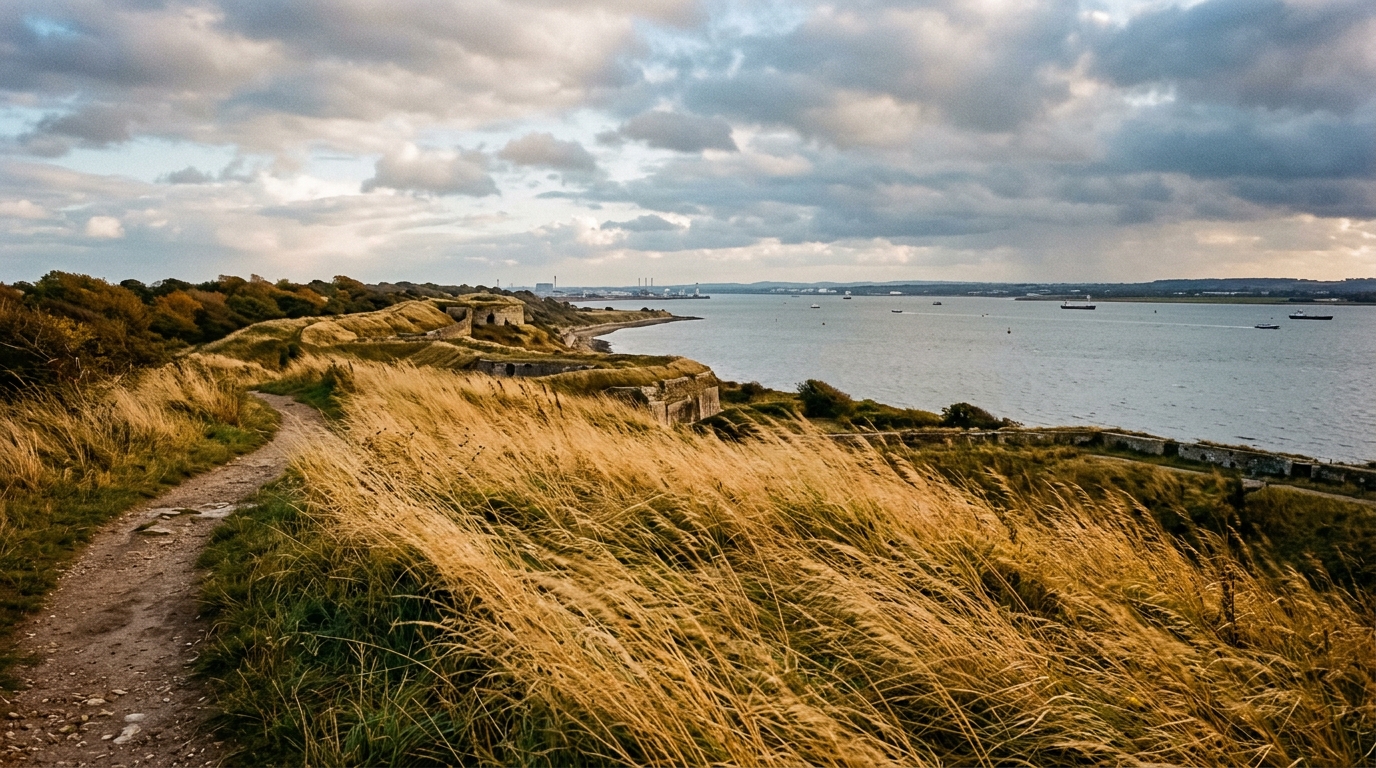 Golden coastal grasses and autumn foliage along walking trails at Gunners Park Nature Reserve in crisp October.