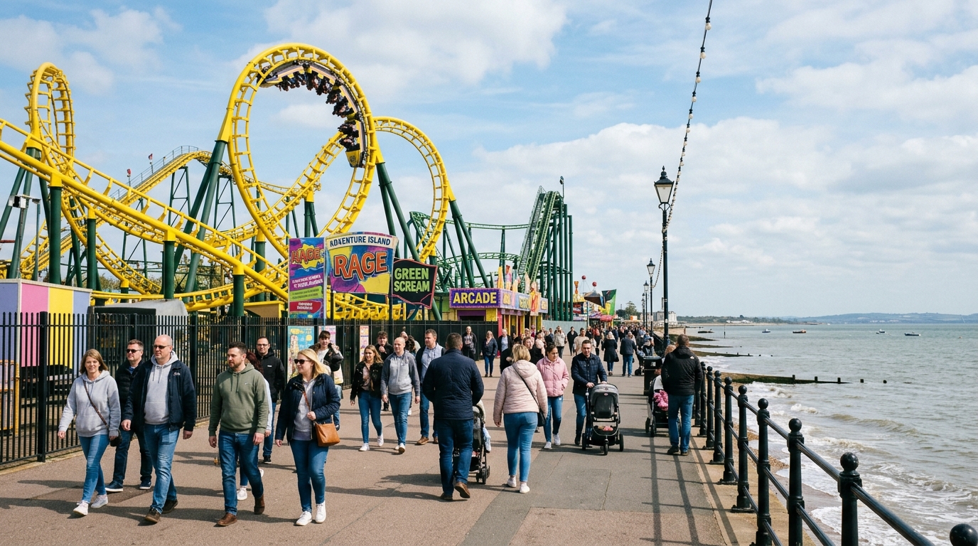 Colorful rollercoasters of Adventure Island bustling along Western Esplanade under bright April skies in Southend-on-Sea.