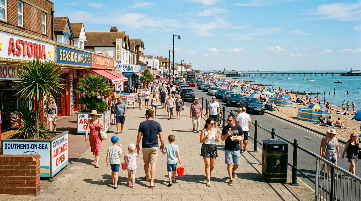 Bustling Marine Parade and Jubilee Beach with holidaymakers enjoying sunny August seaside weather in Southend-on-Sea.