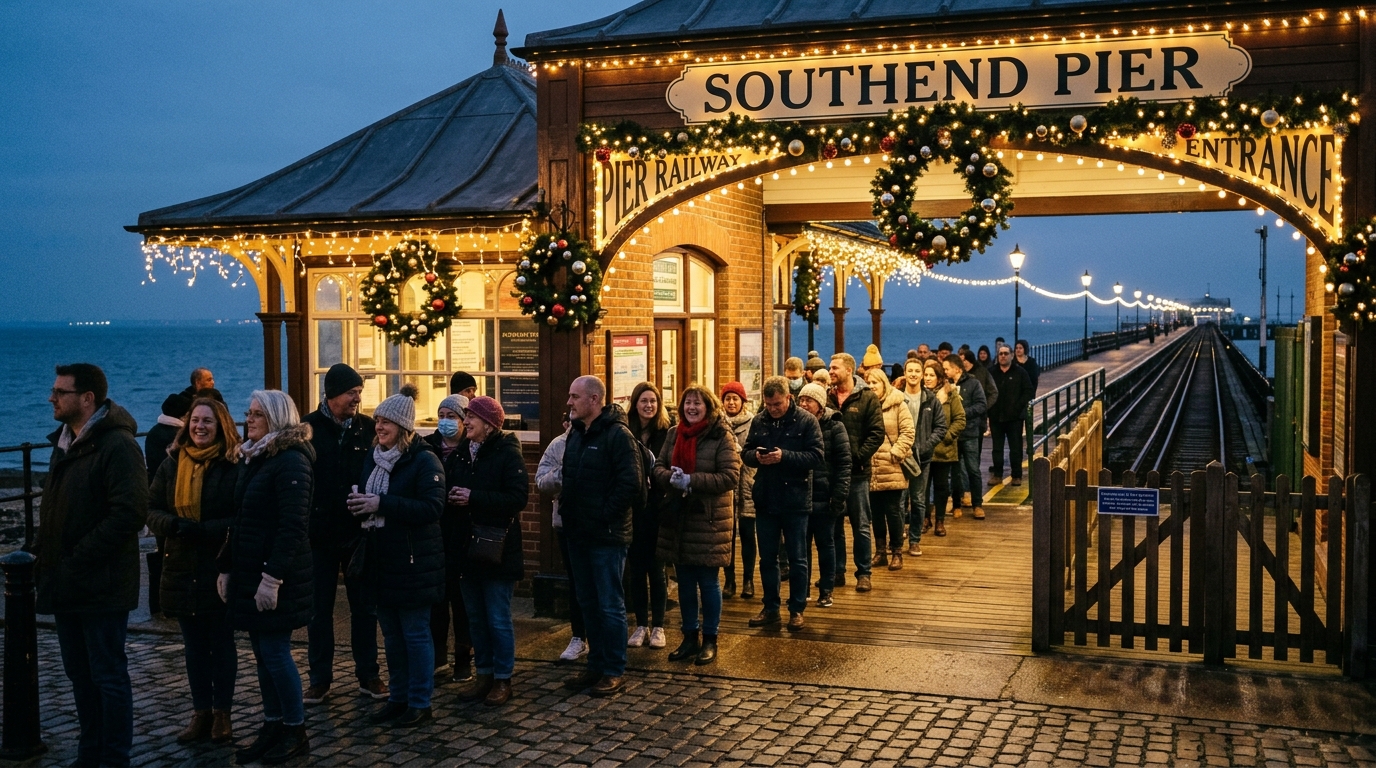 Twinkling Christmas light decorations framing the Southend Pier entrance during crisp December twilight in Southend-on-Sea.
