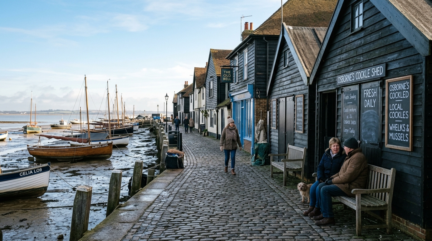 Historic timber cockle sheds and fishing boats along the cobbled street of Old Leigh in Southend-on-Sea during February.